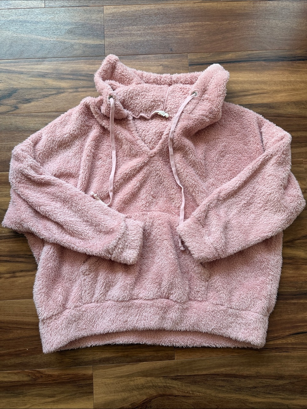 LA MIEL Plush V-Neck Teddy Sweater Hoodie in Dusty Pink